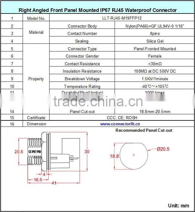 IP67 waterproof 90 degree angled RJ45 connector with dust cap