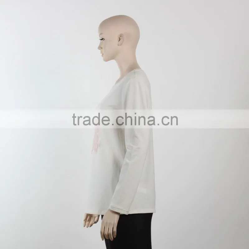 F5S10191 New Fashion White Flocking Print Women Long Sleeve T Shirts