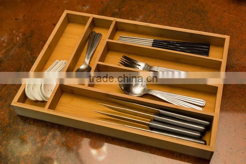 BH009/ 6-Slot Kitchen Bamboo Drawer Organizer With Flatware Cutlery Accessories or Gadgets Tray
