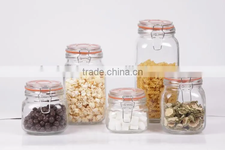 5sizes glass storage jar with glass lid metal clip