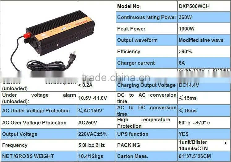 500W power inverter UPS and charger 6A