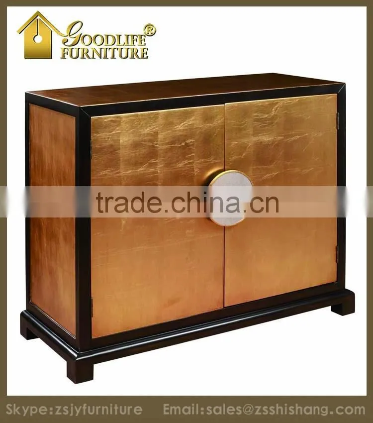 Luxury Hand Applied Golden Leaf Console Cabinet with Ornate Hardware