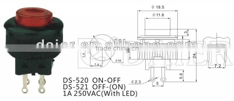 DS-520 ON-OFF 16mm latching push button switch with LED