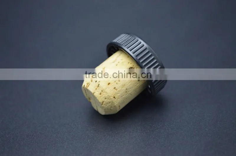 Black plastic cap with wood cork glass bottle T-shape stopper