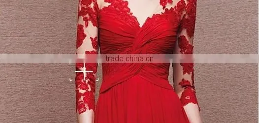 sexy deep v neck hollow lace evening red long sleeve prom dress