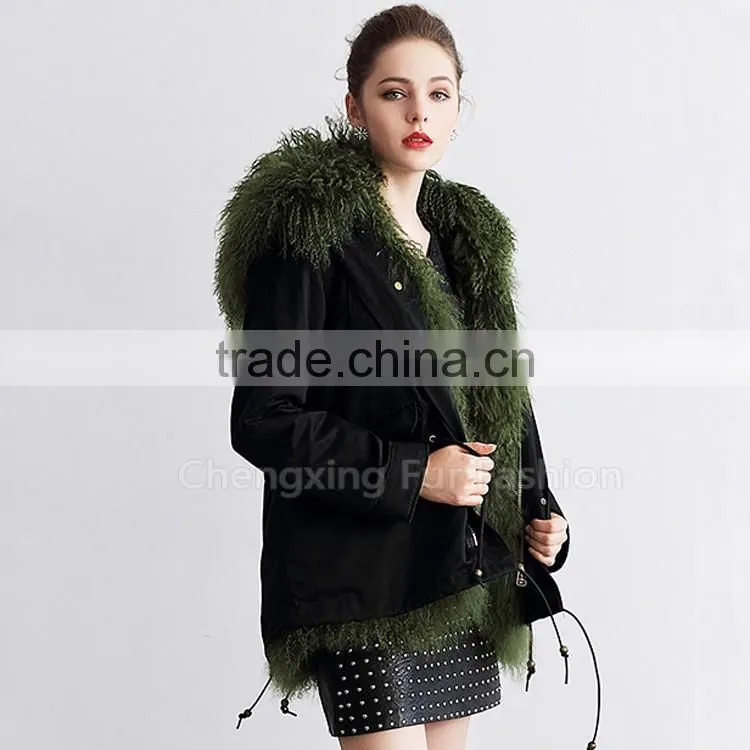 CX-G-P-15 Real Mongolian Lamb Fur Lining Fur Parka Coat for Women