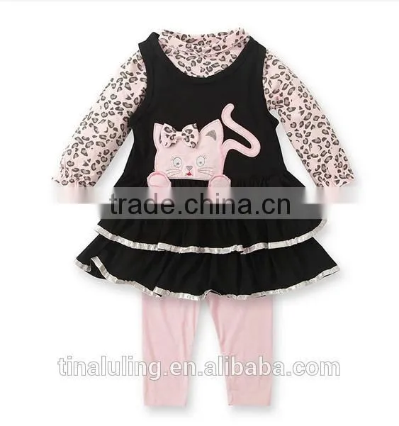 wholesale children's boutque clothing baby girls kitty printed 2pcs clothing sets leopard outfits