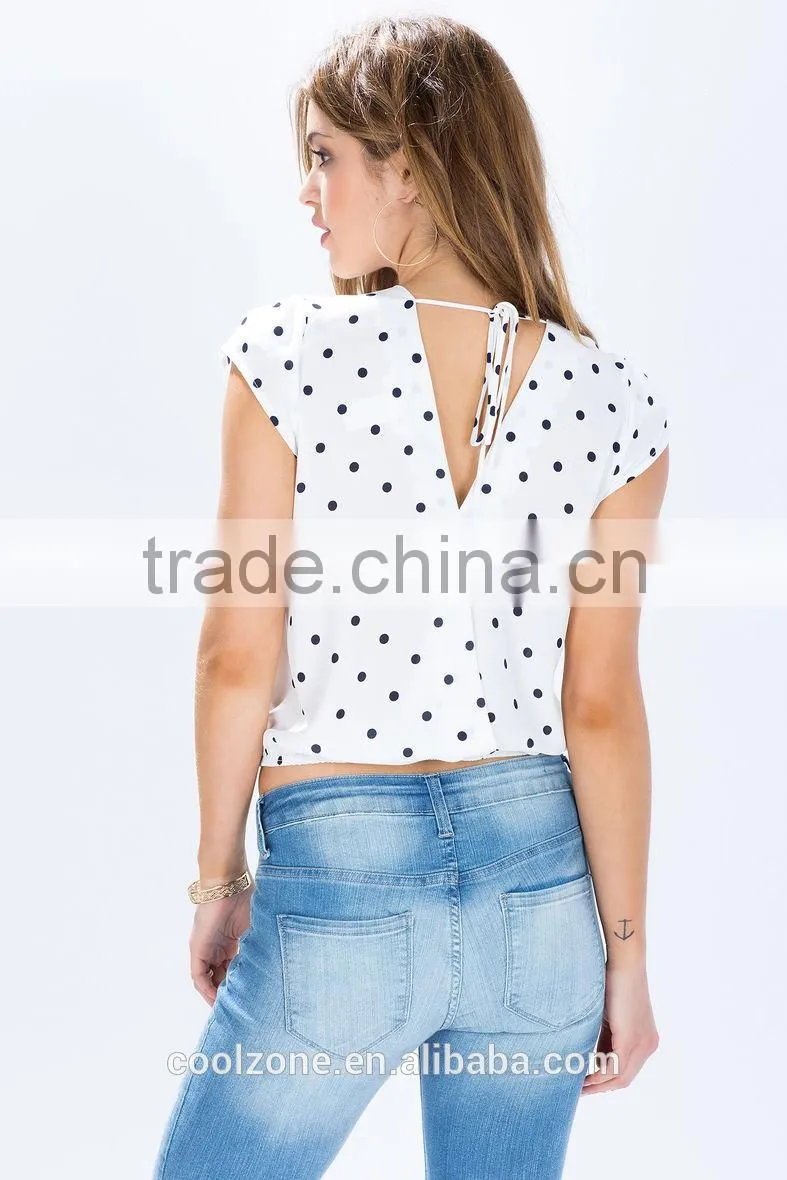 Latest sweet polka dot print crop tops cheap lady blouses