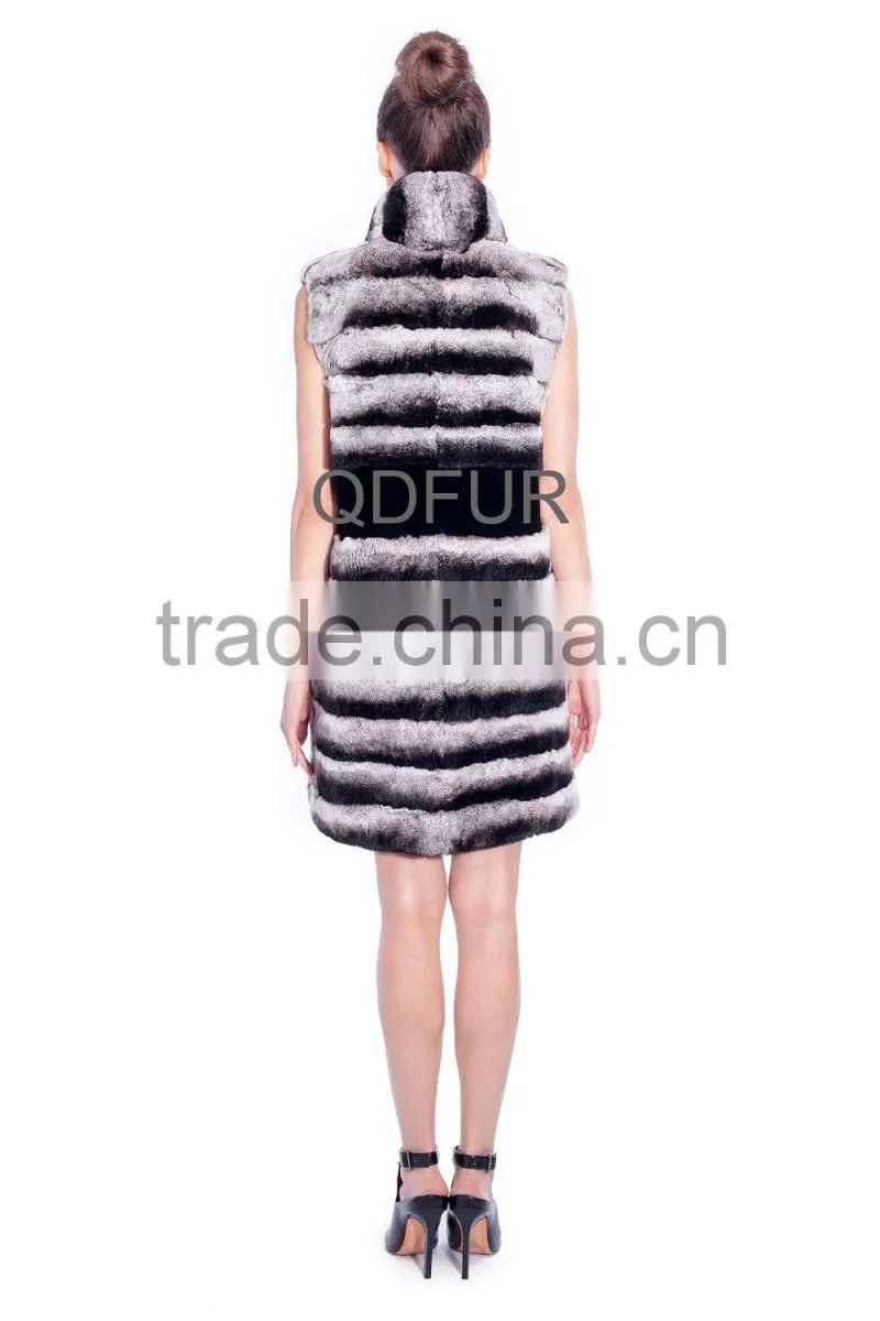 QD80159 Winter Women Long Real Rex Rabbit Fur Vest Printed Chinchilla Color