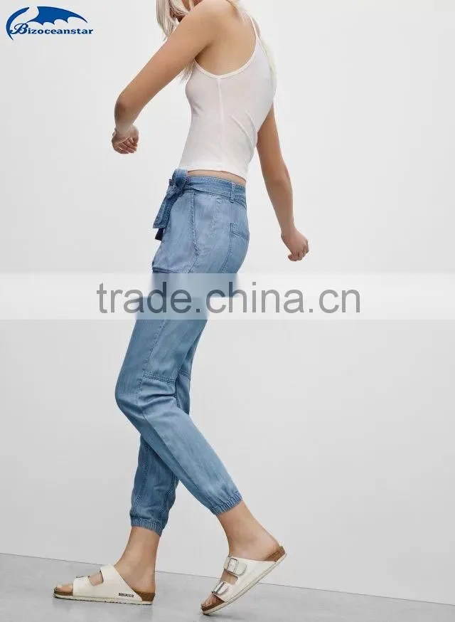 Hot Trendy Women High Waist Pockets Bow Sashes Denim Jeans Harem Pants Trousers