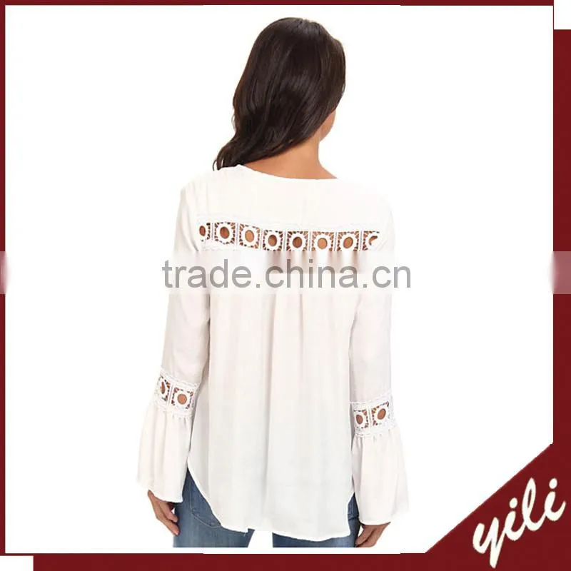 fashion women's chiffon blouse designer lace long sleeves tops for ladies