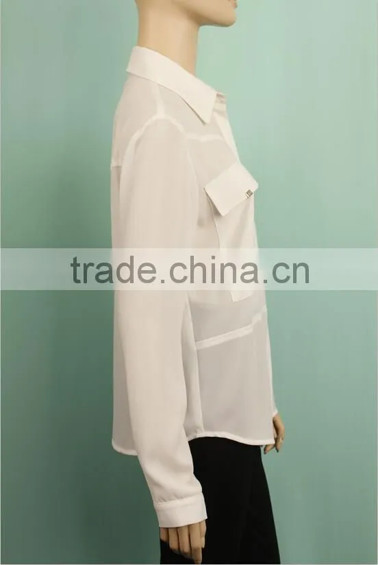 2016 new pattern plain white color hemp material long sleeve latest formal blouse