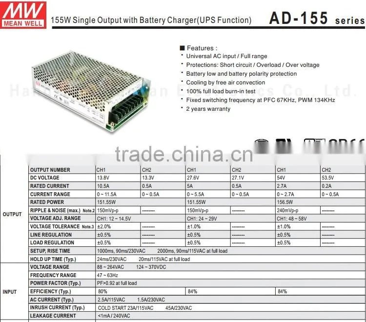 High quality mean well single output 155W 12v battery charger with UPS function