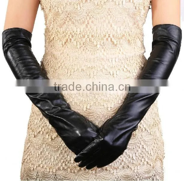 Lady fashion black color elbow long sheepskin arm length leather gloves