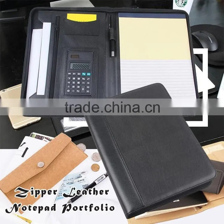 A4 Black PU/PVC Leather Zipper Notepad Portfolio With Calculator