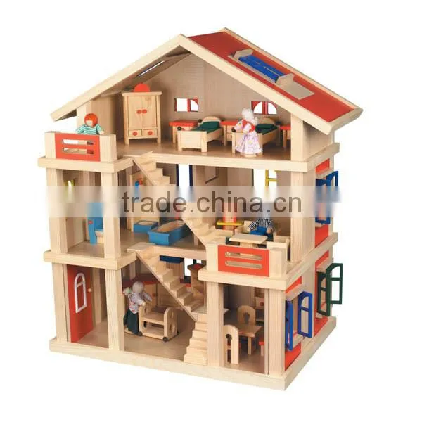 Wooden Dollhouse With Furniture & 4 Dolls