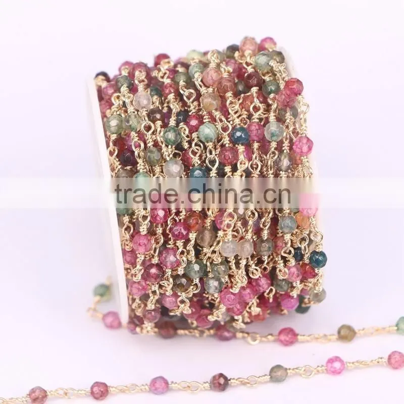 Colorful Round Stone Wire Wrapped Beaded Rosary Chain Natural Agate Stone Jewelry Chain for Handmade DIY Making