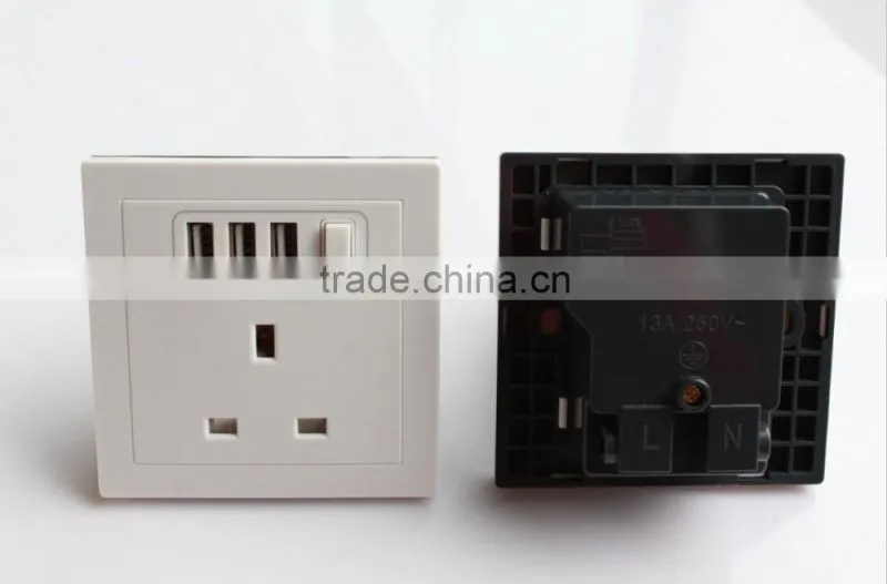 AC 110V-250V UK Socket 3 USB Port DC 5V 2100mA Switch Mains Power Wall Outlet