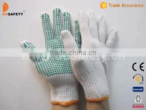 DDSAFETY 2017 7G Bleach Cotton String Knitted Gloves with Green Pigment on Palm Safety Gloves