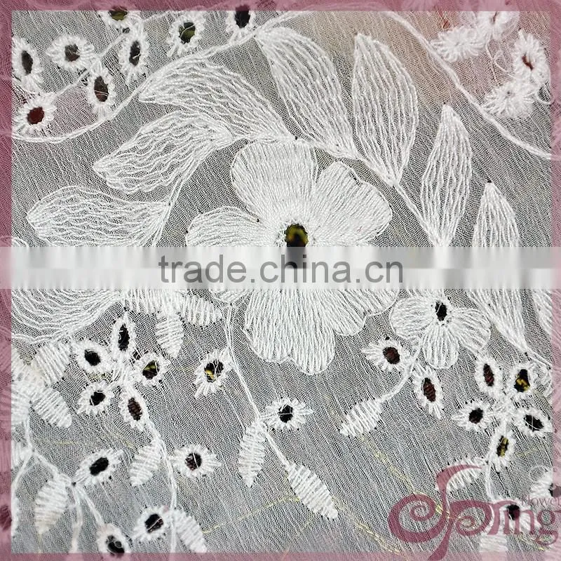 White transparent floral embroidery design cotton lace fabric for dress/ tops/ cardigan