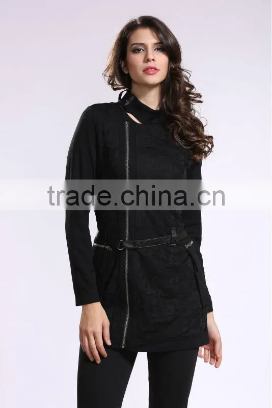 2014 New Arrival Ladies Asymmetrical Zip Long Coat Fashion Design Winter Overcoat
