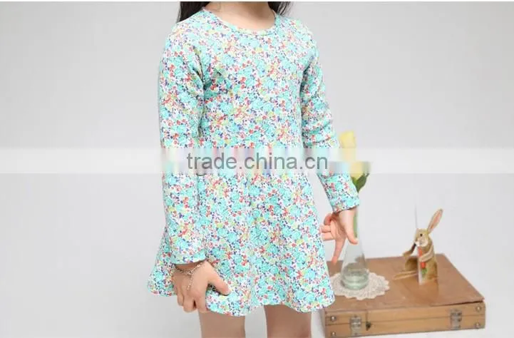 New Spring 100% Cotton Girls Blue Small Floral Dress Kids Long Sleeve Autumn Dress grls party dress Fashion Clothes