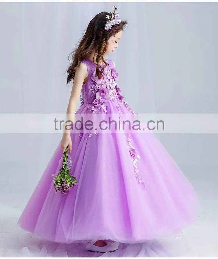 New Arrival Violet Ball Gown Tulle Girls Long Wedding Dress Sleeveless Embroidery Flower handmade Beaded Purple Prom party dress