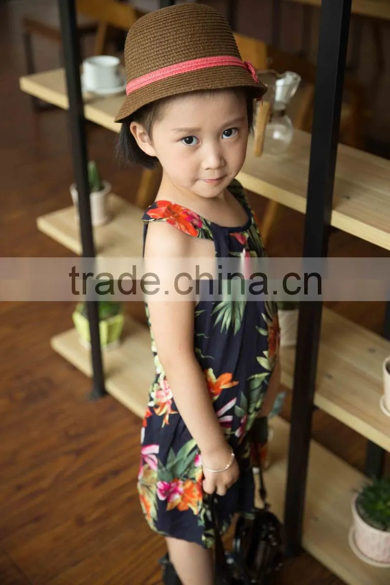 fashion 2016 girl sleeveless strap dress bright color printed flower girl dress
