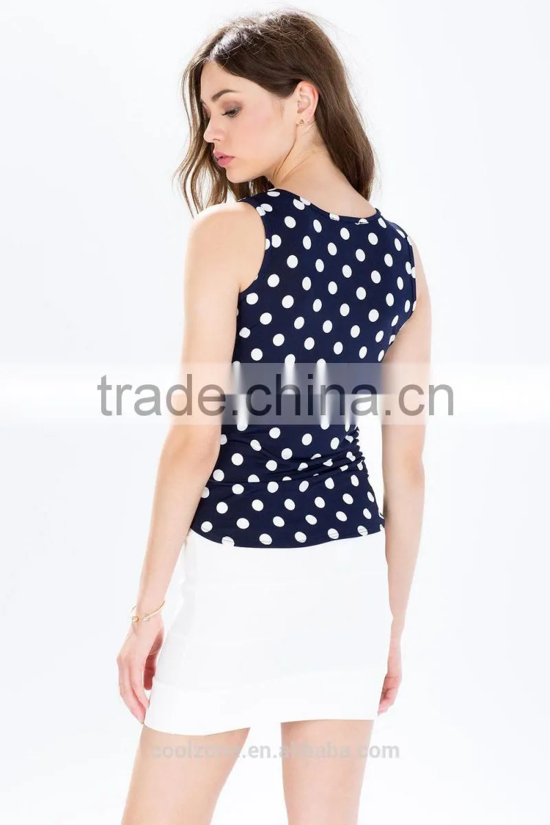 2015 newest style dot print blouse sleeveless knot front chiffon blouse