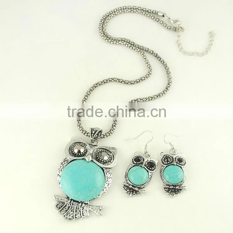 Antique Owl Pendant Silver Plated Turquoise Dangle Earrings Chain Necklace Set