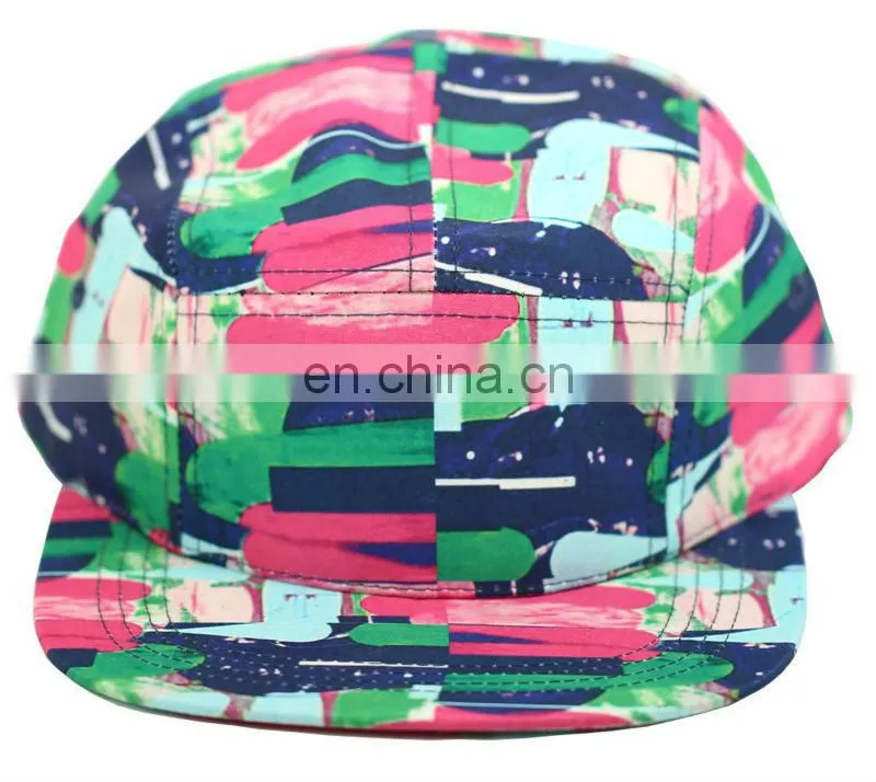 Multi color 80s style 5 panel flat bill strap back hat