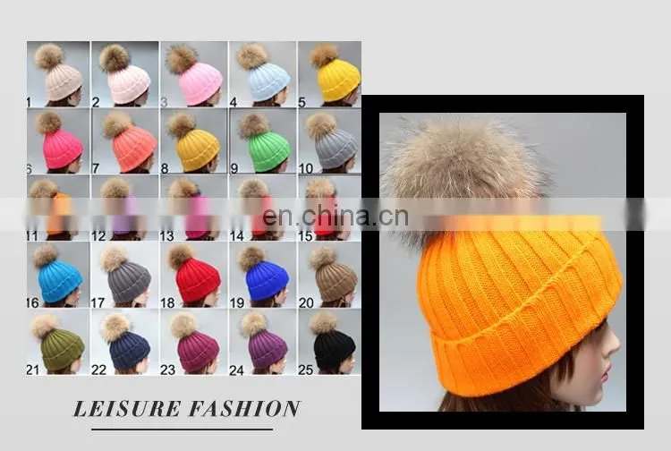 2016 Girls winter knitted fur bobble hat with big genuine raccoon fur bobble