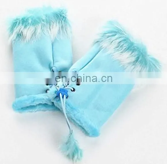 Colorful Fingerless Gloves with real Rabbit fur