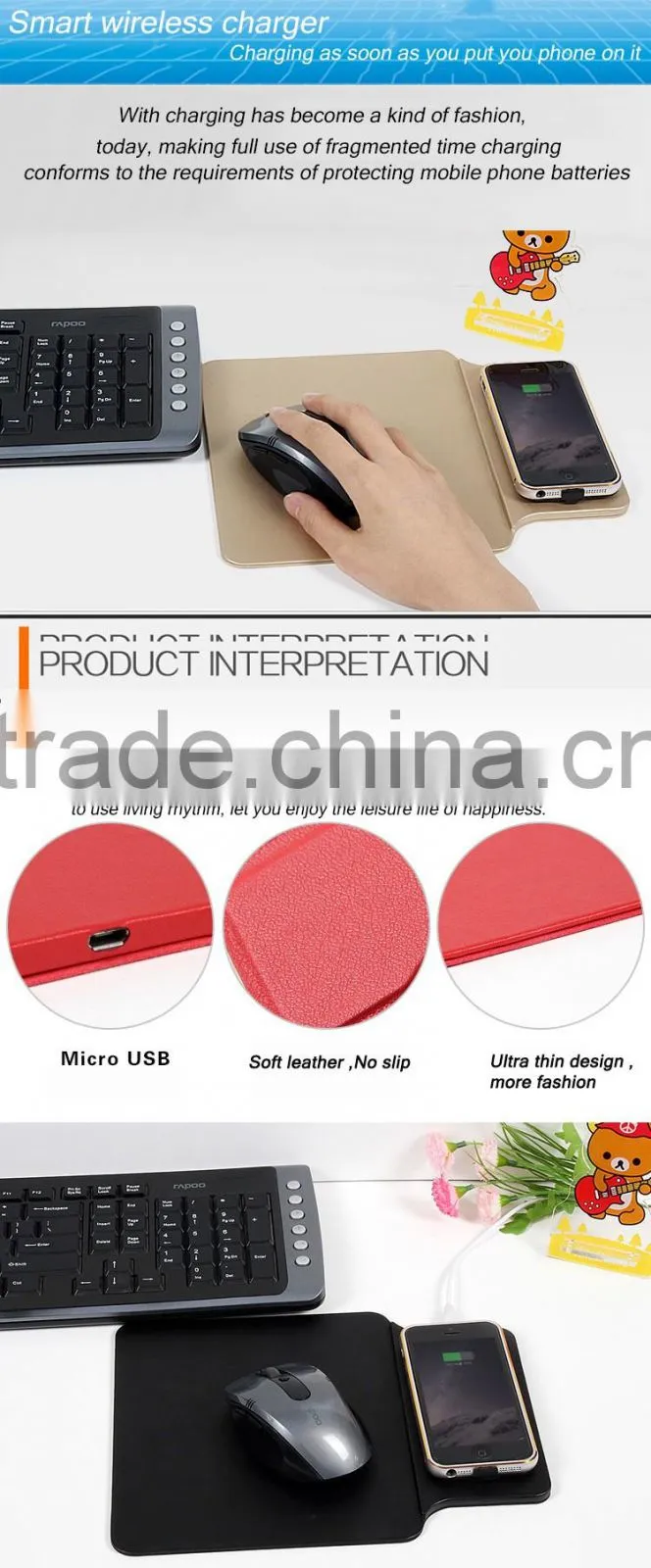 Fashional leather wireless charger mouse pad for qi smart phone wireless charger