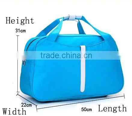 Blue male and female business travelers folding sky travel luggage bag