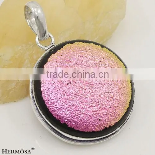 Big Stone Round Shape Pink Dichroic Glass Silver Gemstone Pendant