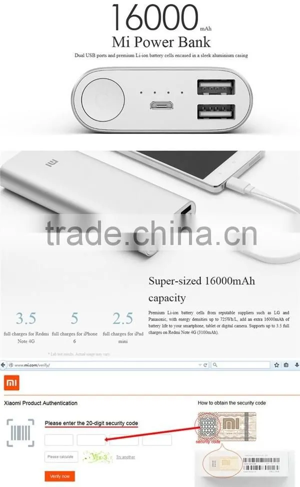 Original Premium Li-ion battery cells Super sized 16000mAh Mi power bank for iPad mini smartphones tablets