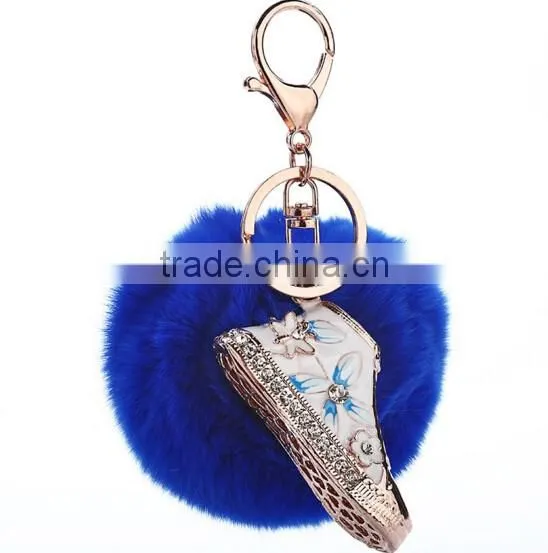 Fashion gift rhinestone shoe keychain with rabbit fur ball