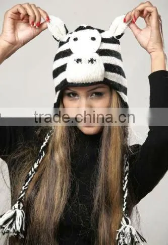 Zebra Pom Pom Knit Hat