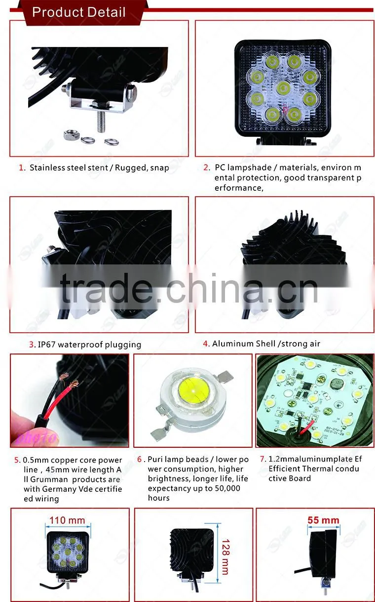NEW 27w Off road LED Work Light 12V,Aluminum Boat Light