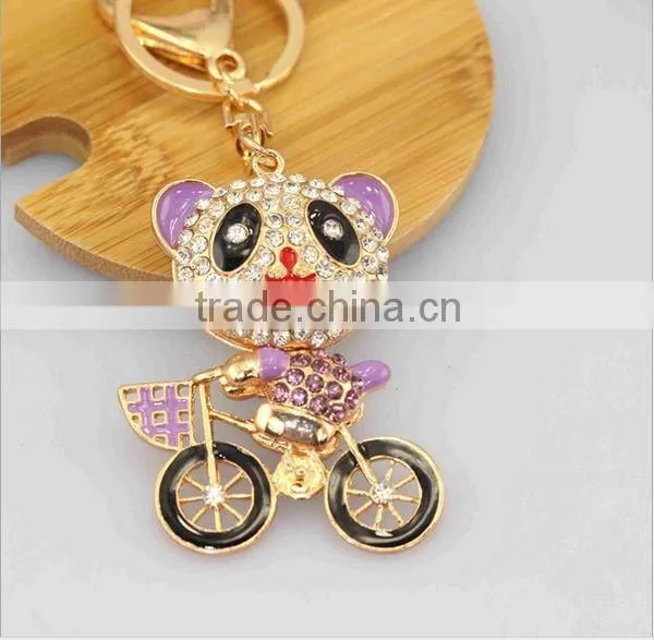 2014 Latest Animal Rhinestone Panda Riding Bike Key Chain, Gift Bag Pendant ZTKC-137