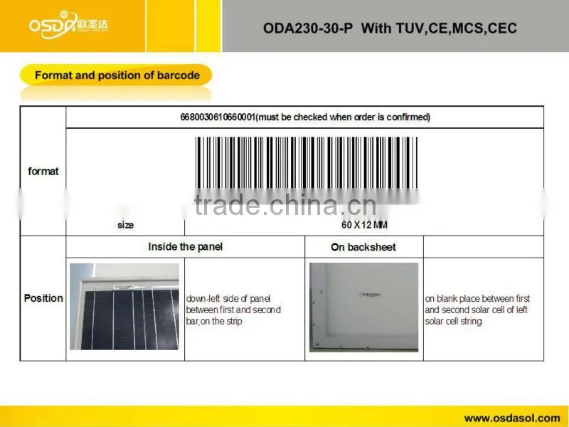 TUV MCS CEC certificated polycrystalline 230W solar panel