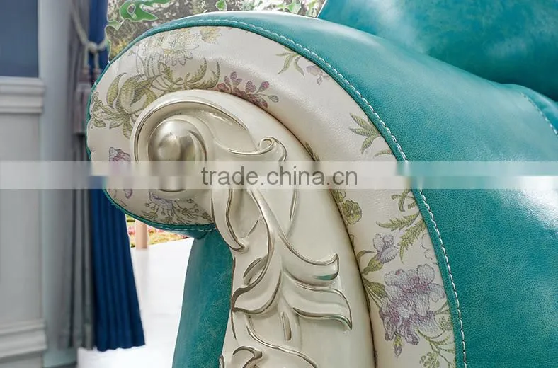 Graceful European style living room furniture solid wood lily carving leather corner sofa set