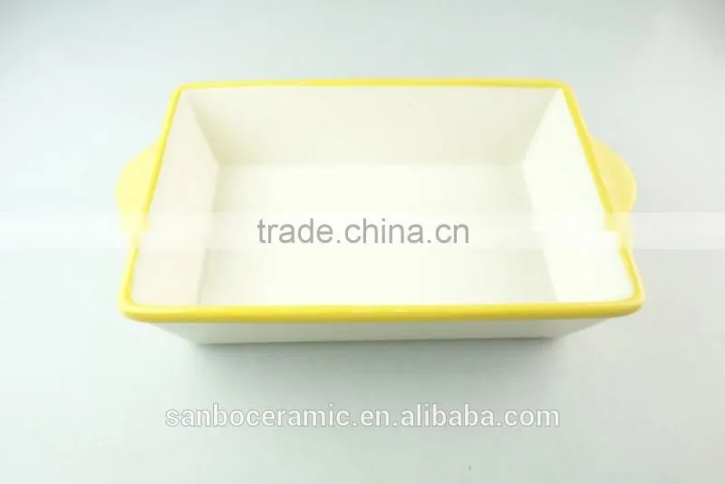 Stocklot rectangular shape yellow line glaze ceramic bakeware with handles