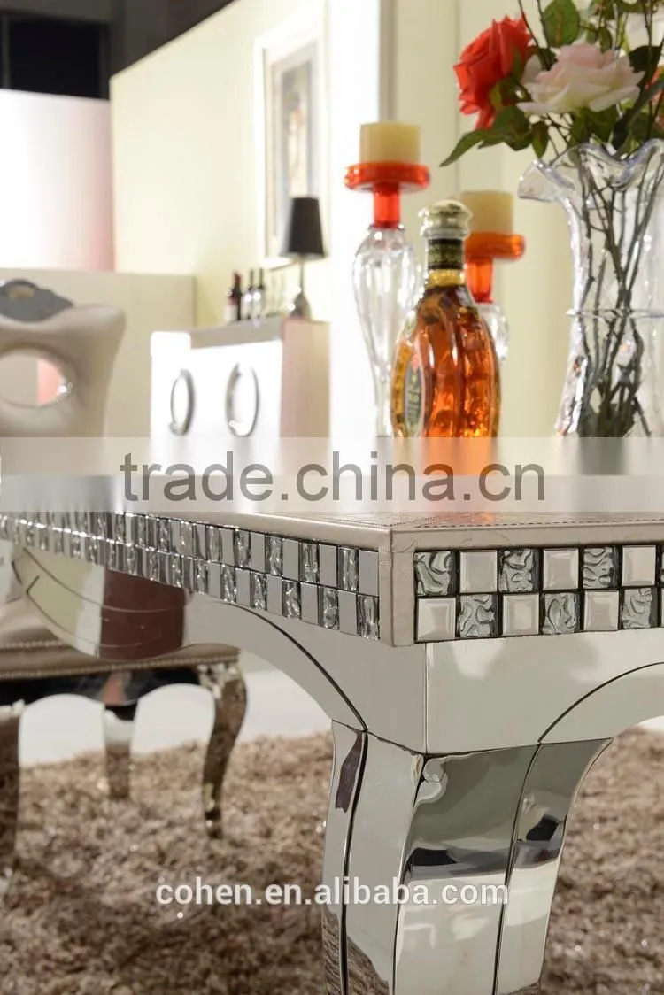 High end royal mosaic decoration livingroom stainless steel furniture coffee table/center table covered by real leather/PU