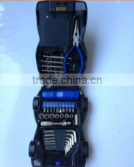 Promotional car shape 34pcs hand tools set/kit with LED light torch