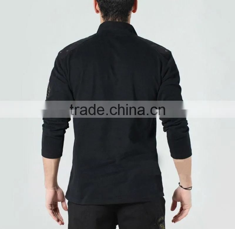 Men's 65% polyester 35% cotton with logo patch zipper collar and pocket military polar fleece jacket
