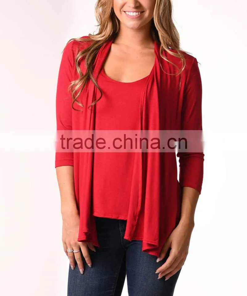 OEM Women Fashion Long Sleeve Red Layered Cardigan without Hooded Open-Front Cardigan without Buttons Plain Dyed Cotton Cardigan