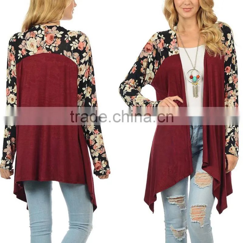 OEM Wholesale Women Fashion Long Sleeve Wine Black Floral Open Cardigan Sweaters