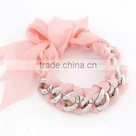 fabric cloth metal chain wrap Bracelet, hand woven silk bracelet, Korea silk ribbon bow bracelet